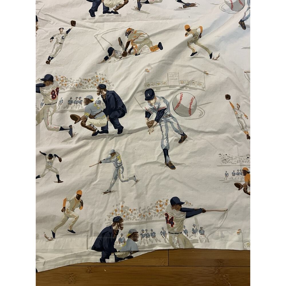 Pottery Barn Kids Baseball Scenes White Twin Flat Sheet 100% Organic Cotton